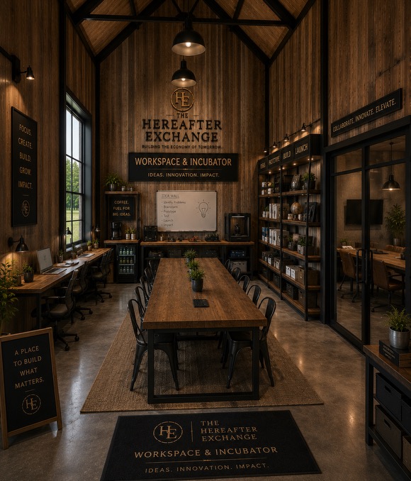 Workspace and business incubator with long collaboration table